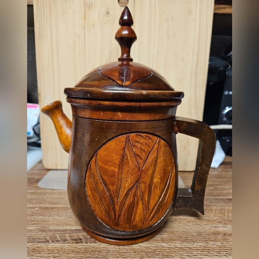 Vintage 70s Teak Hand-carved Wooden Teapot/Jug with Lid